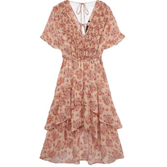 The Kooples Paris S Cottagecore Ruffle Midi Dress Tan Pink Floral Flowy Chiffon - Picture 1 of 16